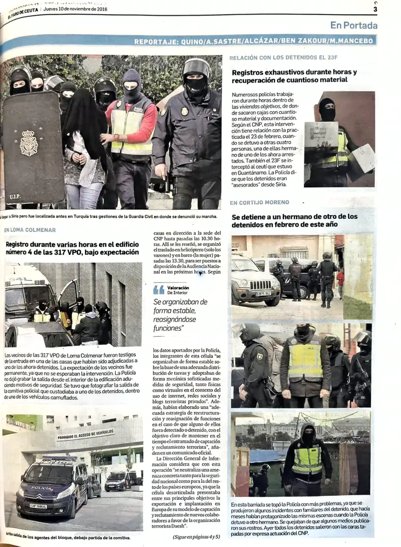 Recorte de prensa titulado «Registros exhaustivos durante horas» publicado por El Faro de Ceuta.
