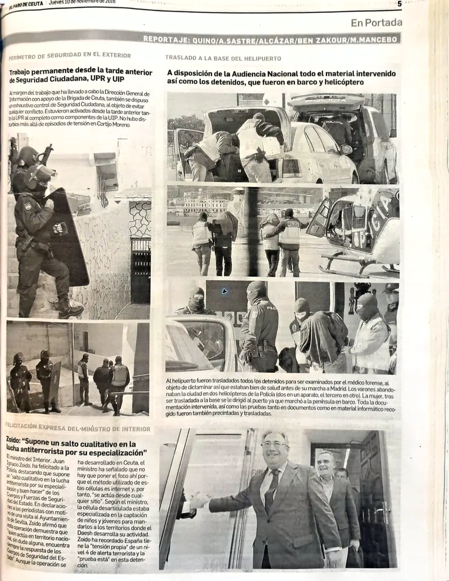 Recorte de prensa titulado «Traslado de los detenidos de la operación antiterrorista» publicado por El Faro de Ceuta.