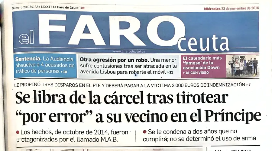 Recorte de prensa titulado «Se libra de la cárcel tras tirotear “por error” a su vecino en el Príncipe» publicado por El Faro de Ceuta.