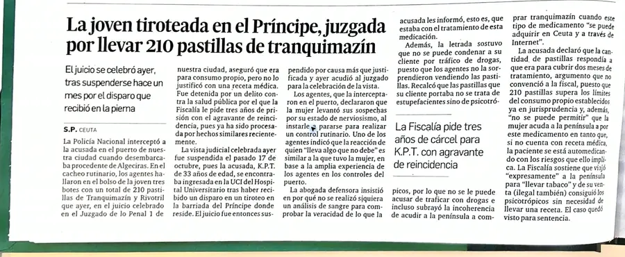 Recorte de prensa titulado «La joven tiroteada en el Príncipe, juzgada por llevar 210 pastillas de tranquilizantes» publicado por El Faro de Ceuta.