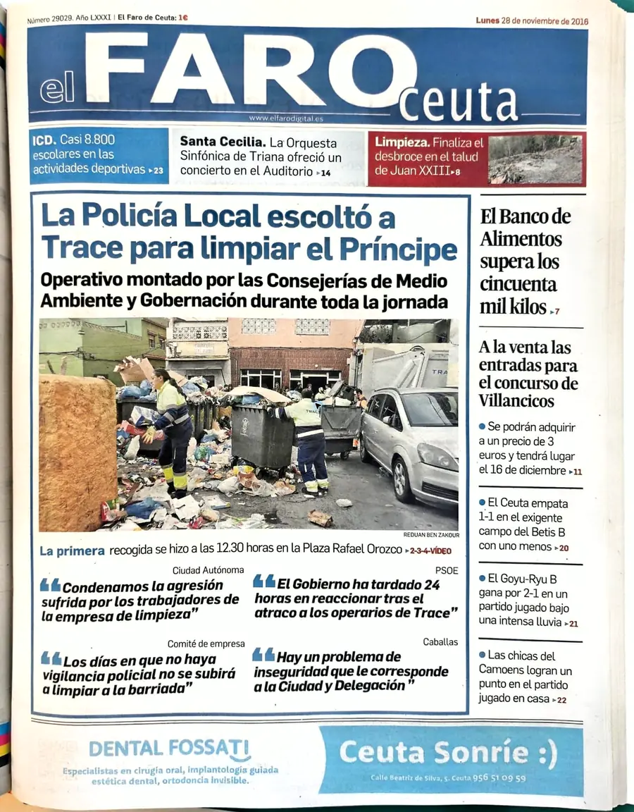 Recorte de prensa titulado «La Policía Local escolta a Trace para limpiar el Príncipe» publicado por El Faro de Ceuta.