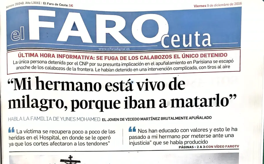 Recorte de prensa titulado «“Mi hermano está vivo de milagro, porque iban a matarlo”» publicado por El Faro de Ceuta.