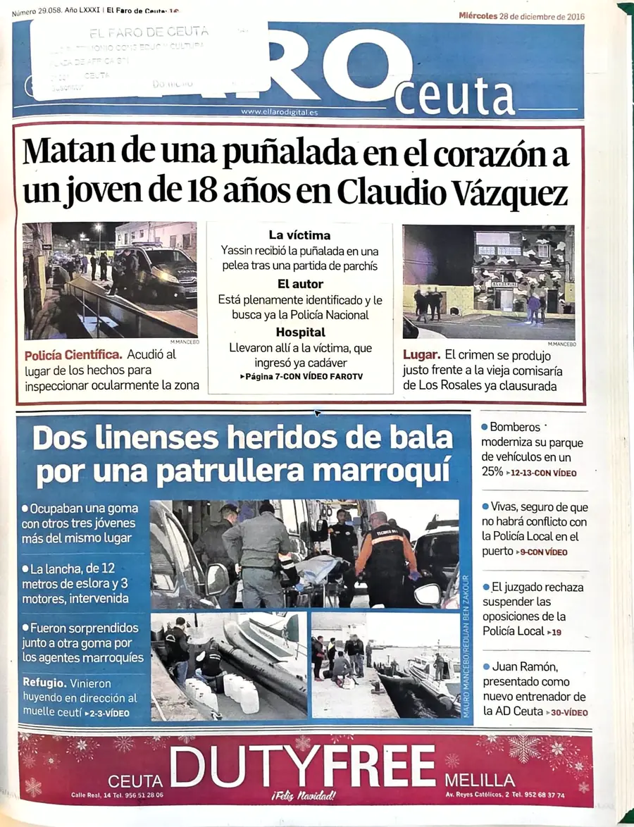 Recorte de prensa titulado «Matan de una puñalada en el corazón a un joven de 18 años» publicado por El Faro de Ceuta.