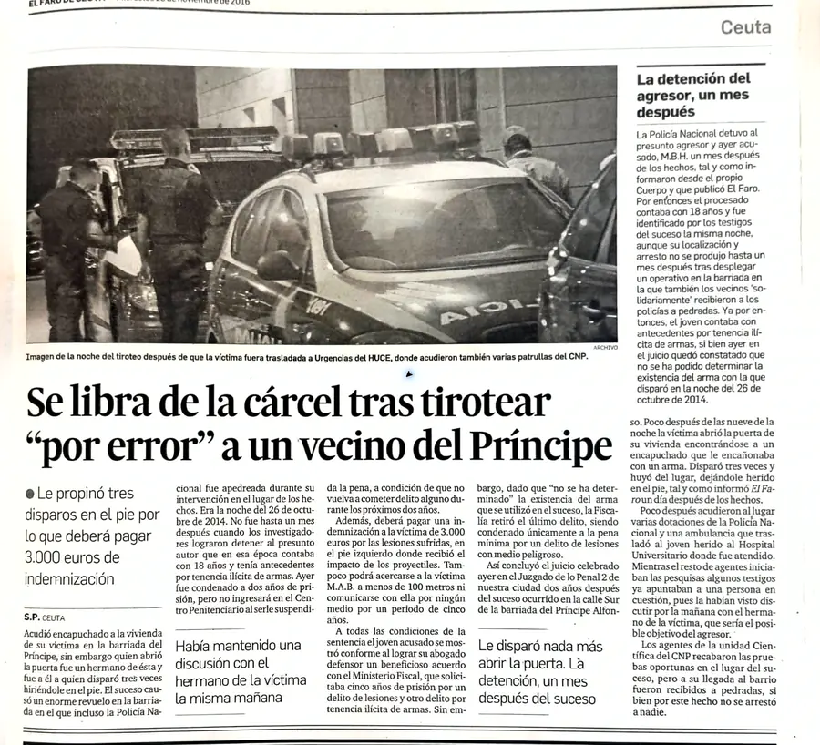 Recorte de prensa titulado «Víctima de un tiro afirma que quien fuera su verdugo es hoy su salvador» publicado por El Faro de Ceuta.