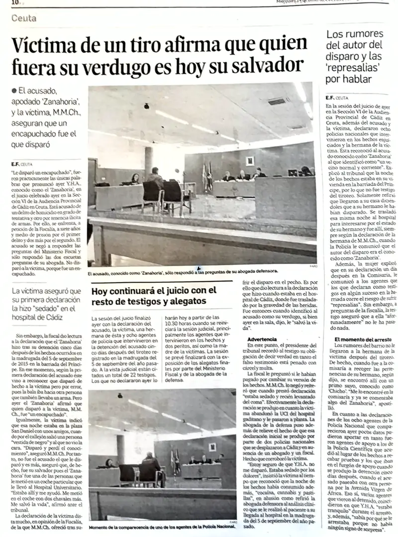 Recorte de prensa titulado «Víctima de un tiro afirma que quien fuera su verdugo es hoy su salvador» publicado por El Faro de Ceuta.