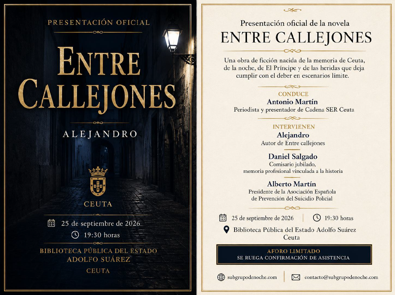 Invitación oficial a la presentación de Entre callejones en Ceuta el 25 de septiembre de 2026